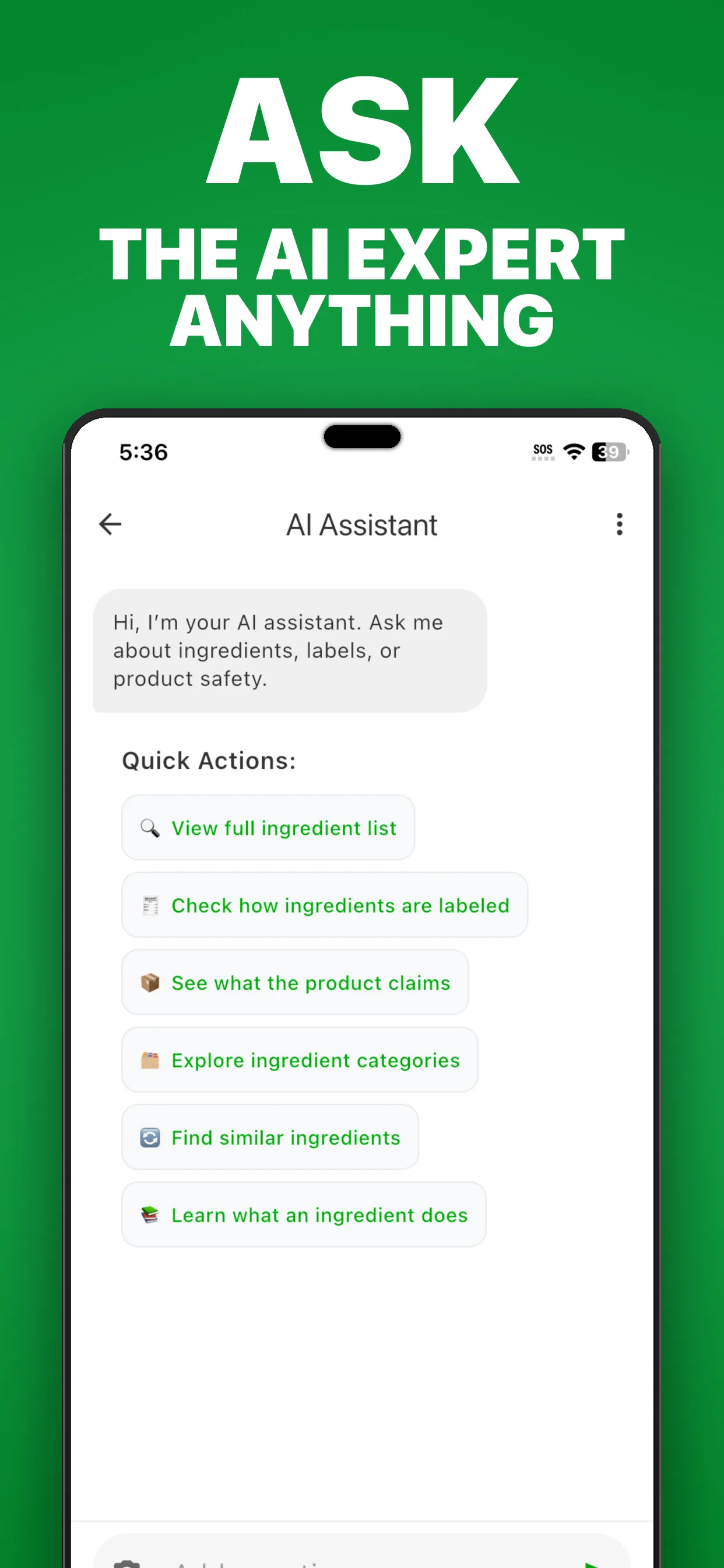 SafeChoice AI Expert food question screen