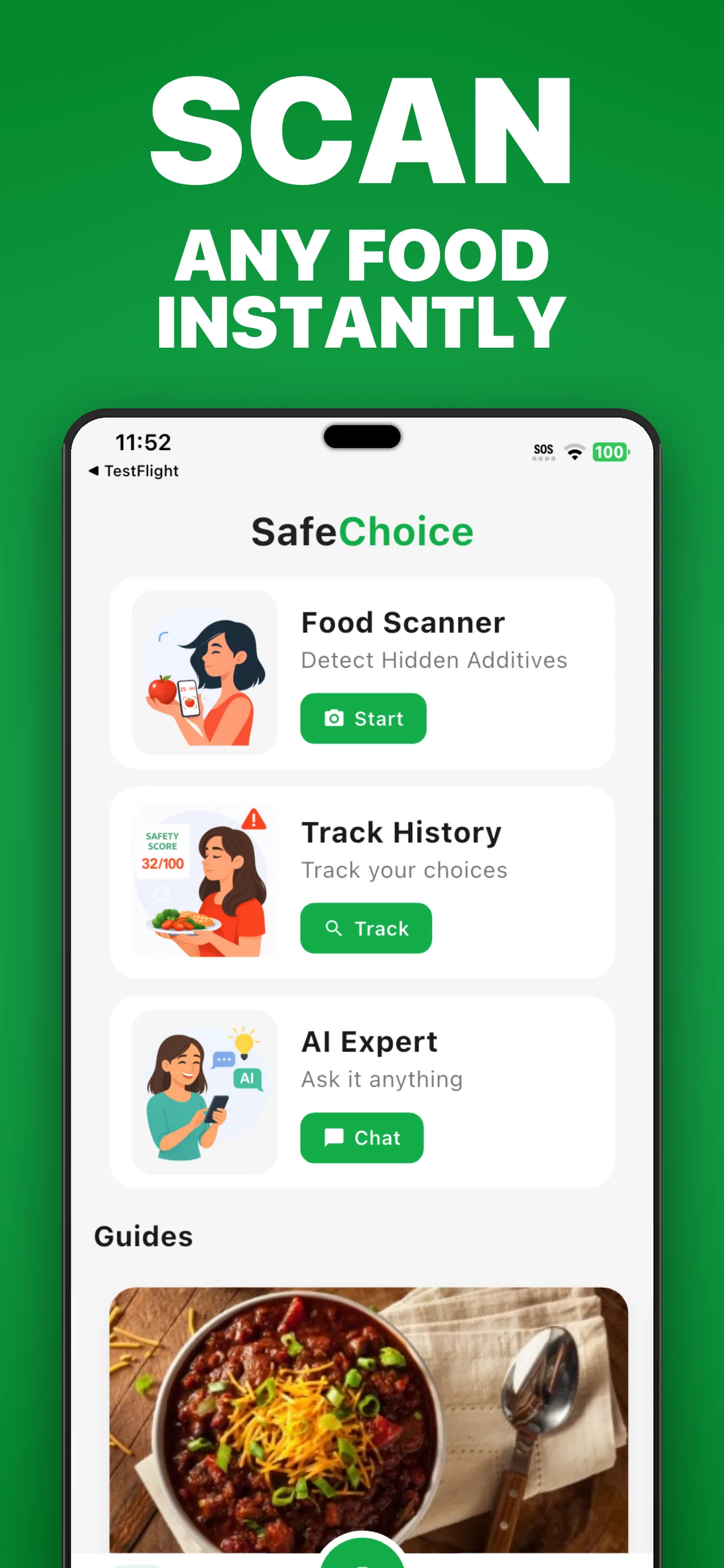 SafeChoice app home screen for the official food scanner